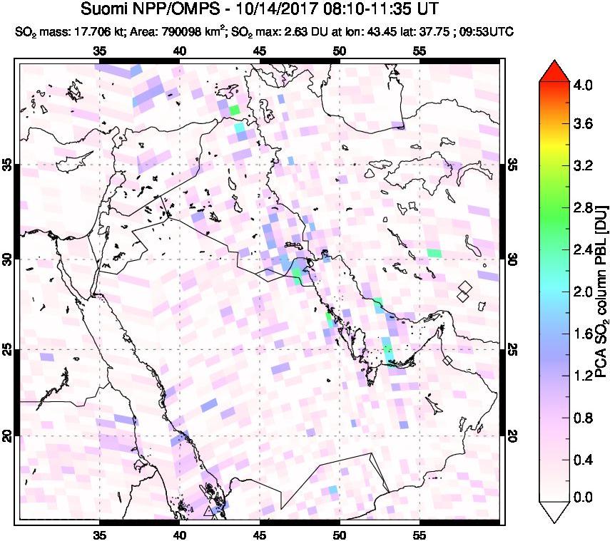 A sulfur dioxide image over Middle East on Oct 14, 2017.