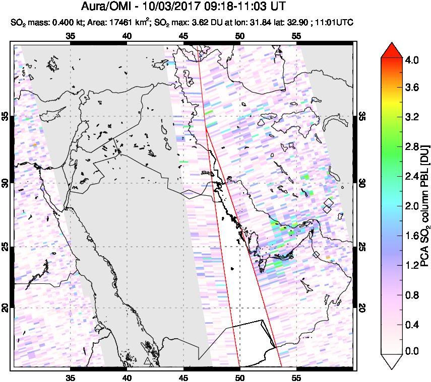A sulfur dioxide image over Middle East on Oct 03, 2017.