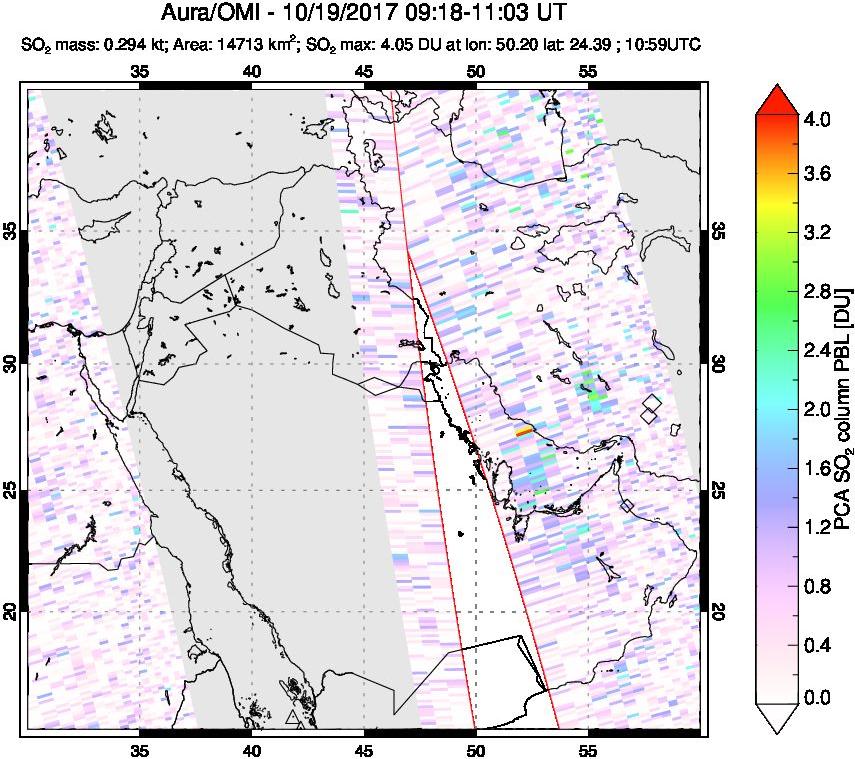 A sulfur dioxide image over Middle East on Oct 19, 2017.