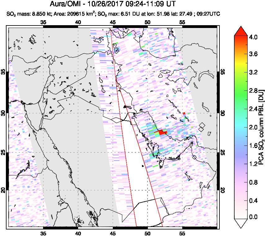 A sulfur dioxide image over Middle East on Oct 26, 2017.