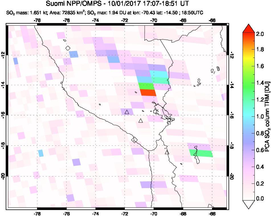 A sulfur dioxide image over Peru on Oct 01, 2017.