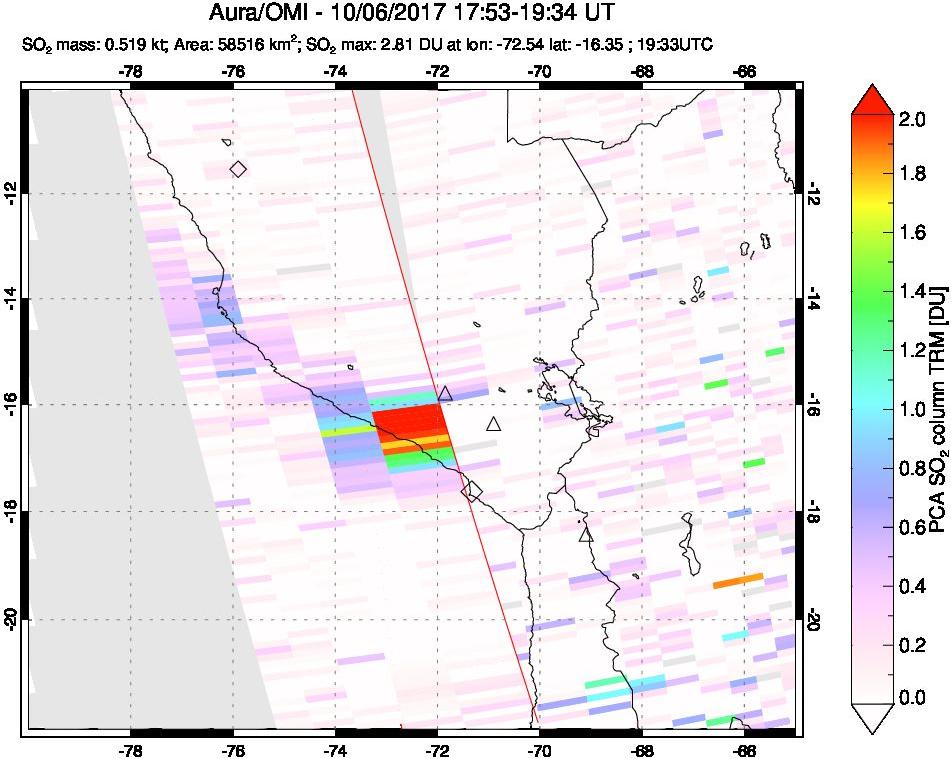 A sulfur dioxide image over Peru on Oct 06, 2017.