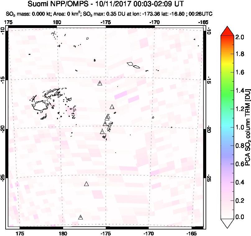A sulfur dioxide image over Tonga, South Pacific on Oct 11, 2017.
