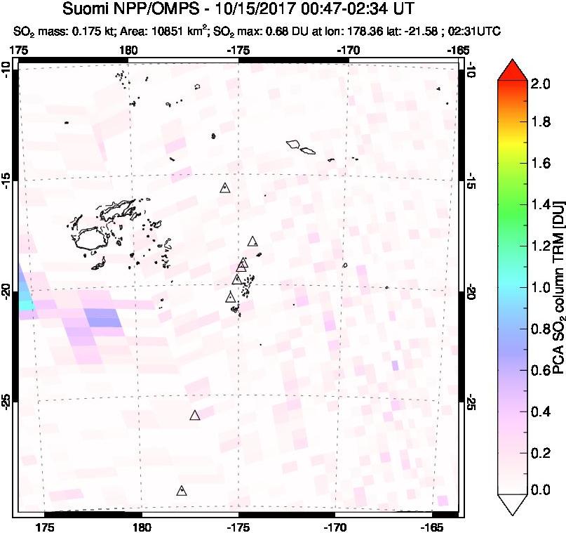 A sulfur dioxide image over Tonga, South Pacific on Oct 15, 2017.