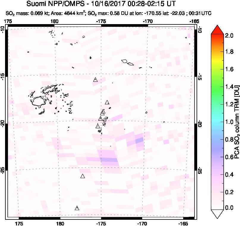 A sulfur dioxide image over Tonga, South Pacific on Oct 16, 2017.