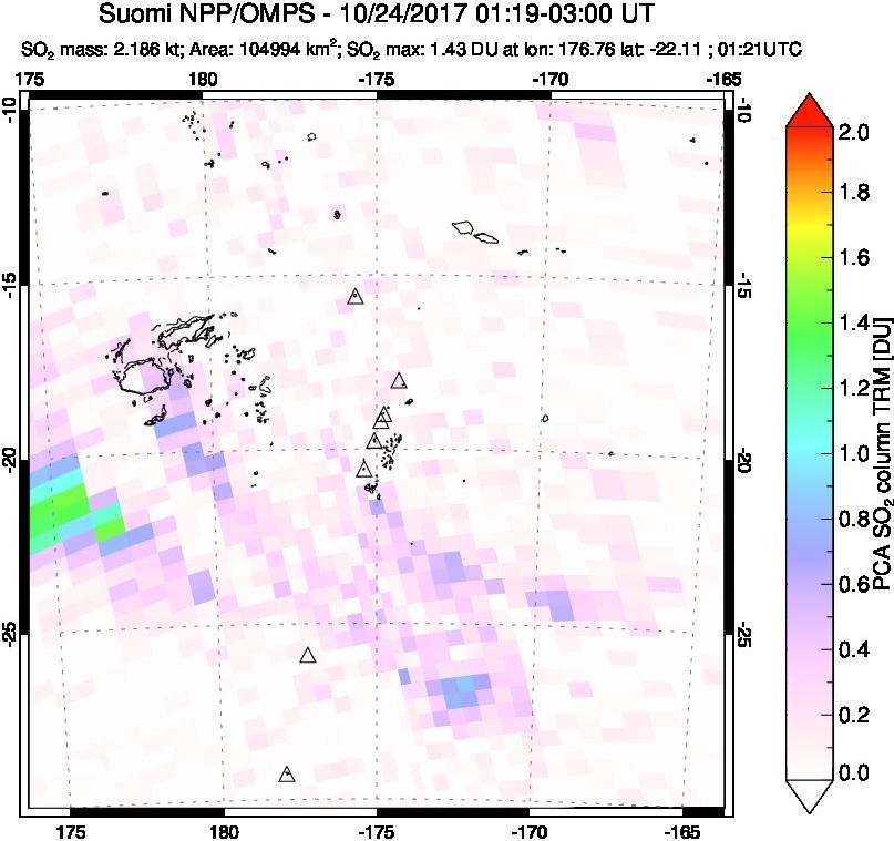 A sulfur dioxide image over Tonga, South Pacific on Oct 24, 2017.