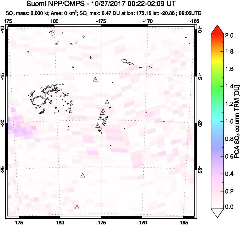 A sulfur dioxide image over Tonga, South Pacific on Oct 27, 2017.