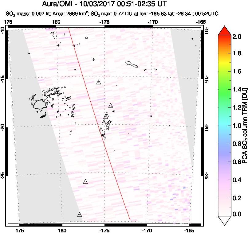 A sulfur dioxide image over Tonga, South Pacific on Oct 03, 2017.