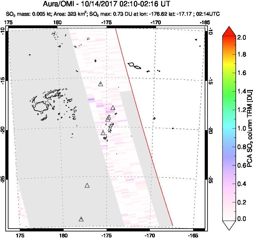 A sulfur dioxide image over Tonga, South Pacific on Oct 14, 2017.