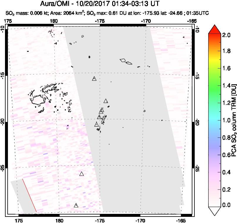 A sulfur dioxide image over Tonga, South Pacific on Oct 20, 2017.