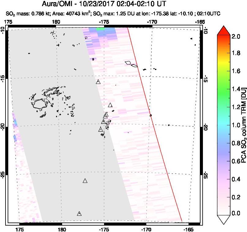 A sulfur dioxide image over Tonga, South Pacific on Oct 23, 2017.