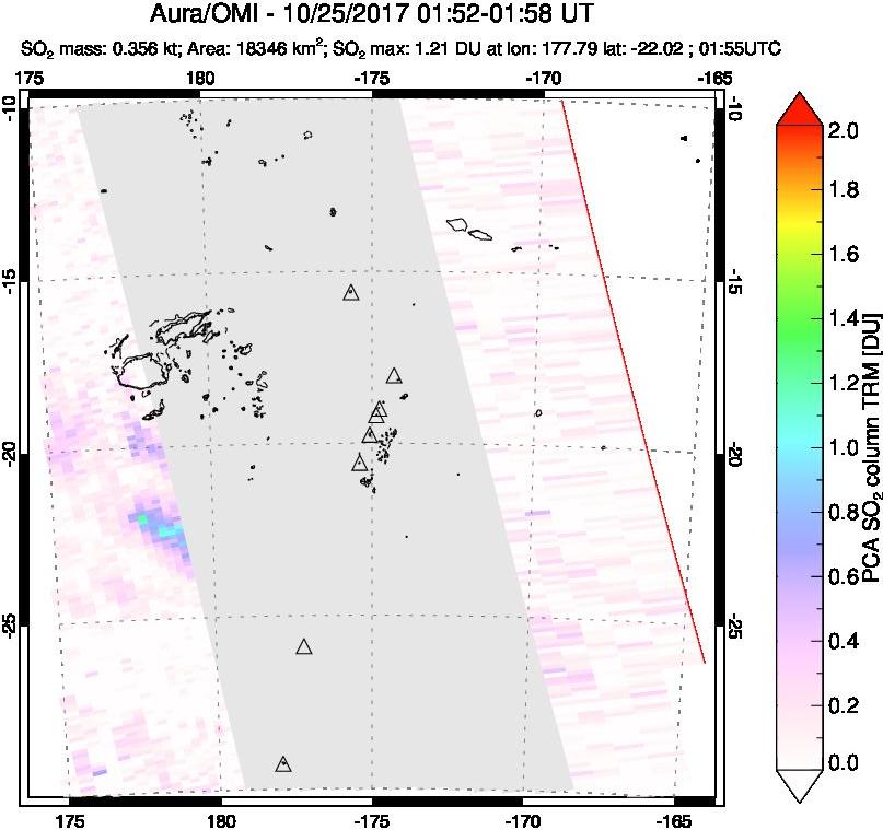A sulfur dioxide image over Tonga, South Pacific on Oct 25, 2017.