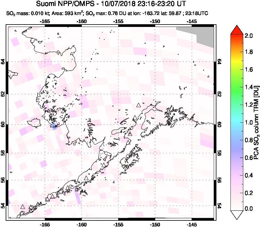 A sulfur dioxide image over Alaska, USA on Oct 07, 2018.