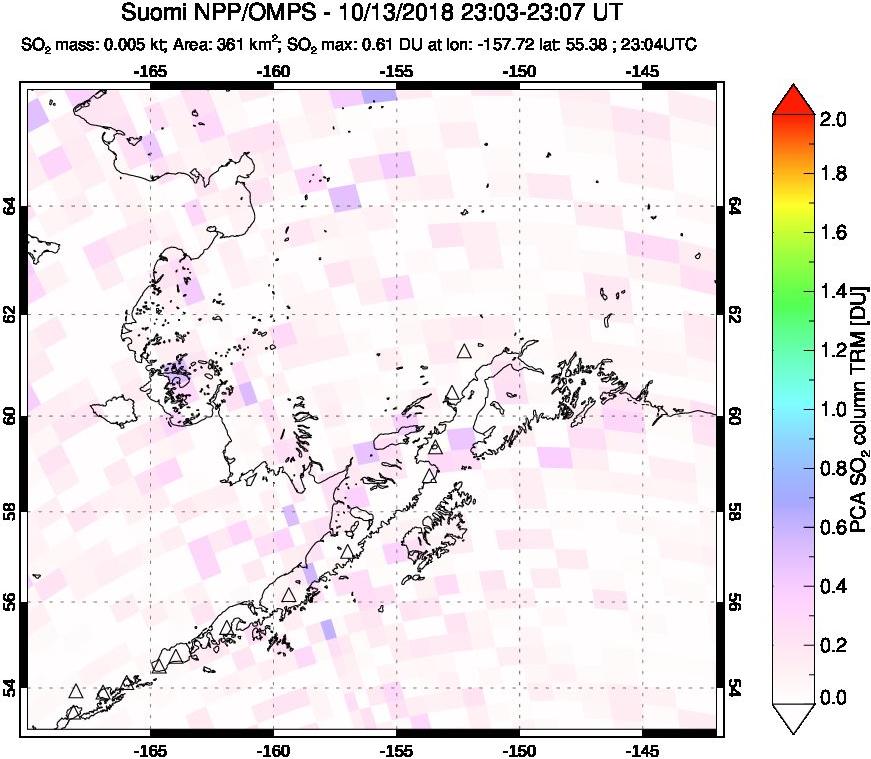 A sulfur dioxide image over Alaska, USA on Oct 13, 2018.