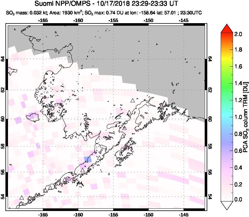 A sulfur dioxide image over Alaska, USA on Oct 17, 2018.