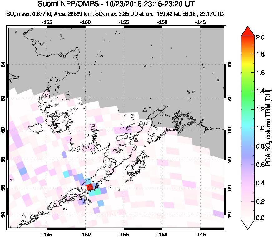 A sulfur dioxide image over Alaska, USA on Oct 23, 2018.