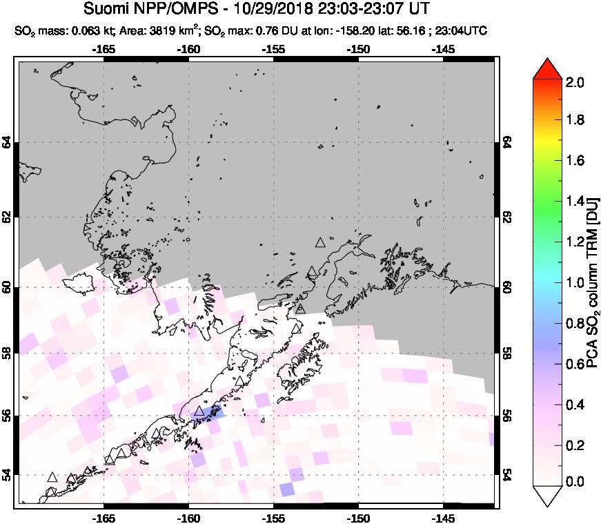 A sulfur dioxide image over Alaska, USA on Oct 29, 2018.