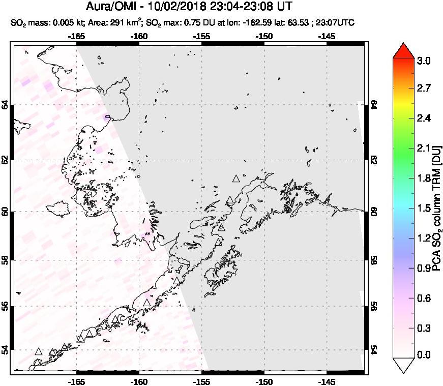 A sulfur dioxide image over Alaska, USA on Oct 02, 2018.