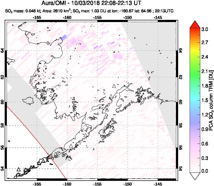 A sulfur dioxide image over Alaska, USA on Oct 03, 2018.