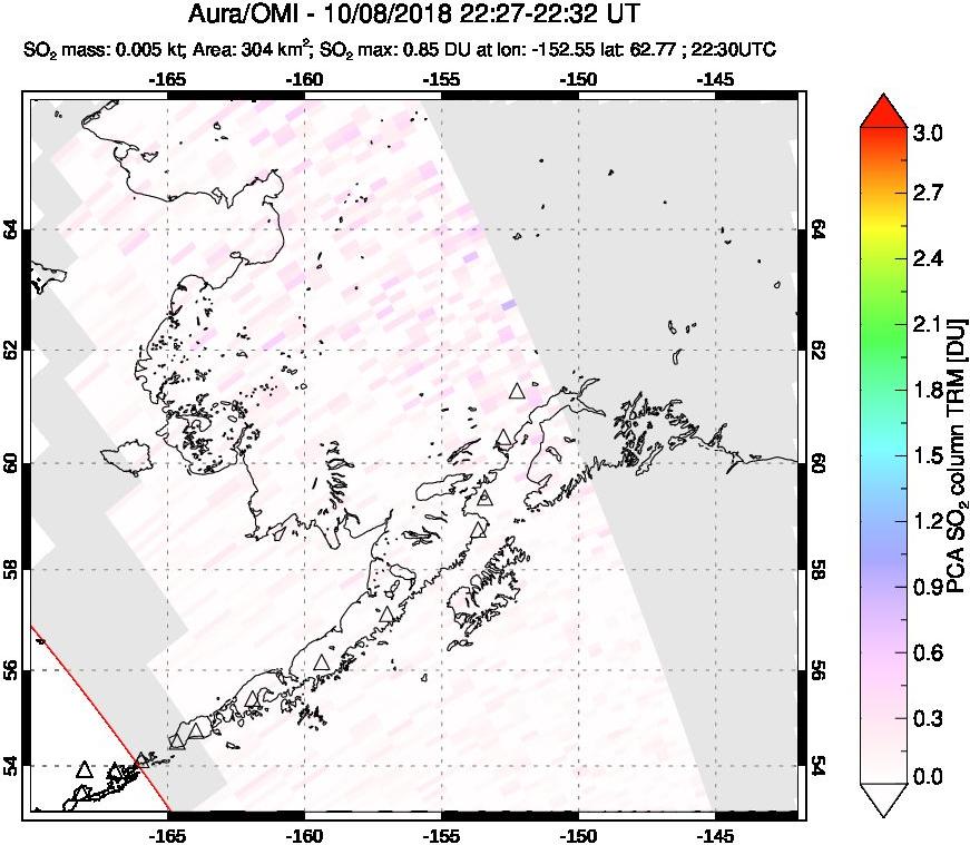 A sulfur dioxide image over Alaska, USA on Oct 08, 2018.