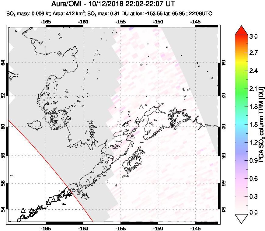 A sulfur dioxide image over Alaska, USA on Oct 12, 2018.