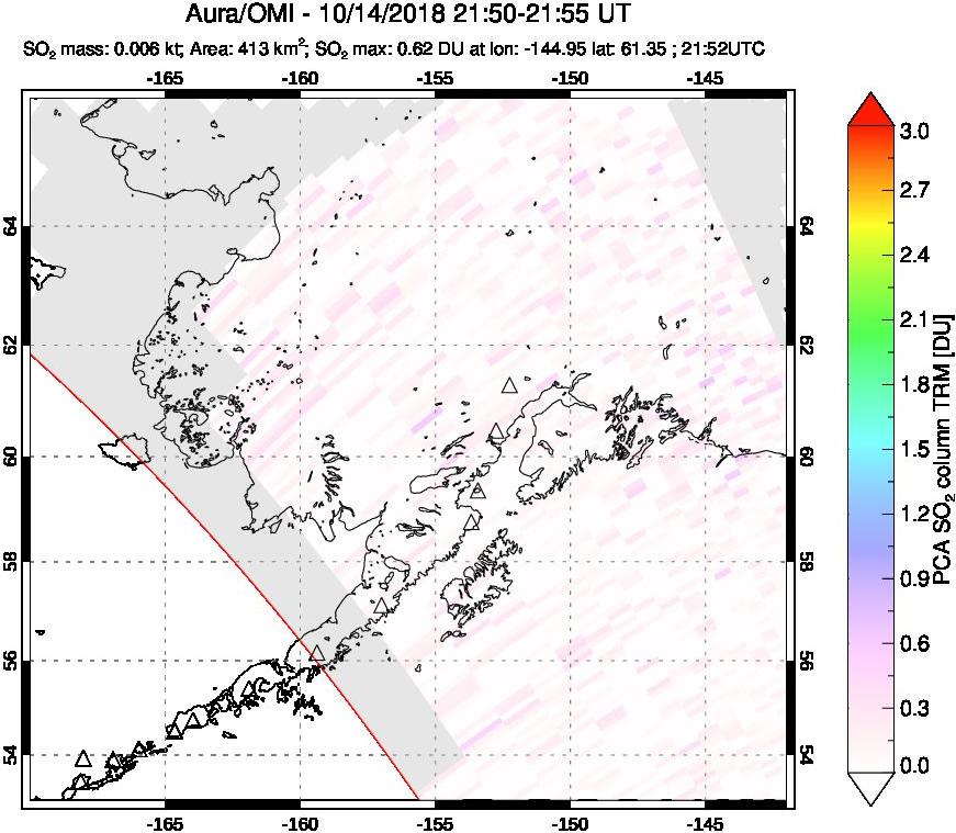 A sulfur dioxide image over Alaska, USA on Oct 14, 2018.