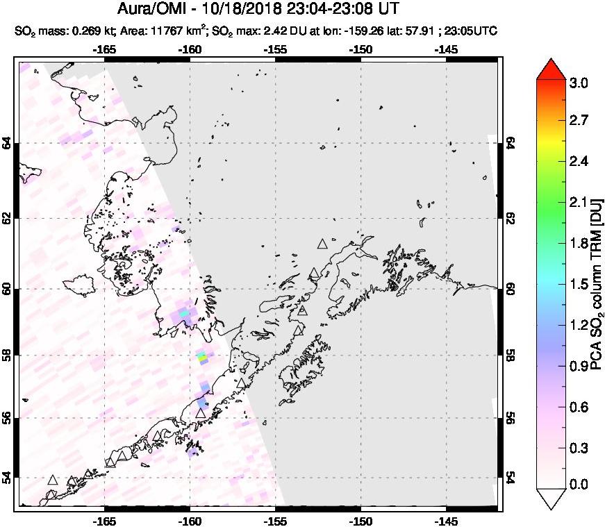A sulfur dioxide image over Alaska, USA on Oct 18, 2018.