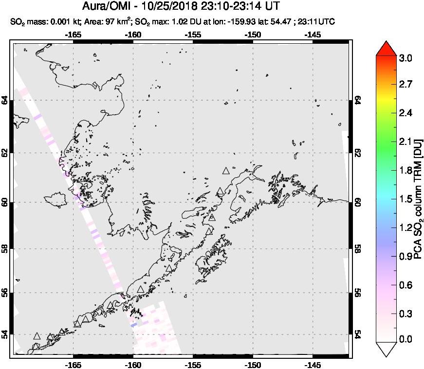 A sulfur dioxide image over Alaska, USA on Oct 25, 2018.