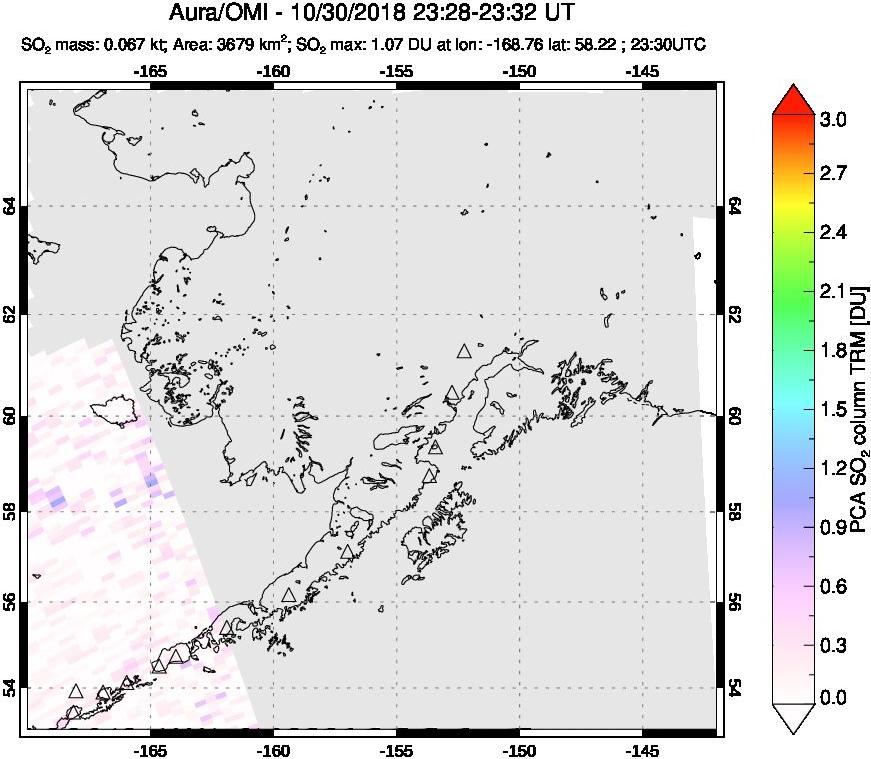 A sulfur dioxide image over Alaska, USA on Oct 30, 2018.