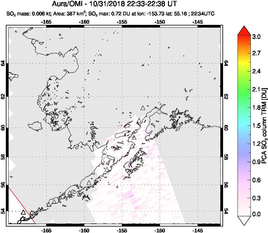 A sulfur dioxide image over Alaska, USA on Oct 31, 2018.