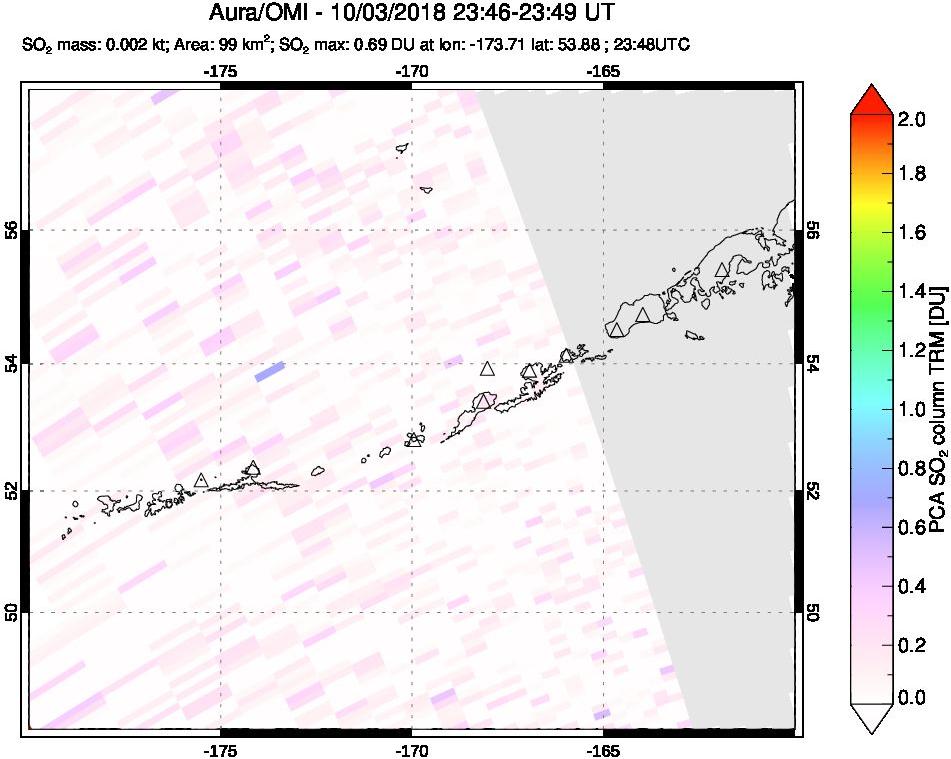 A sulfur dioxide image over Aleutian Islands, Alaska, USA on Oct 03, 2018.