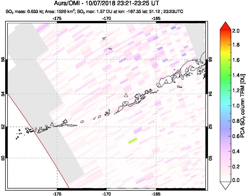 A sulfur dioxide image over Aleutian Islands, Alaska, USA on Oct 07, 2018.