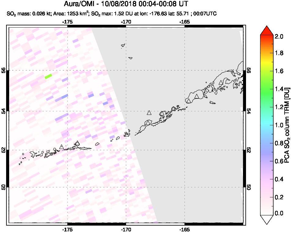 A sulfur dioxide image over Aleutian Islands, Alaska, USA on Oct 08, 2018.