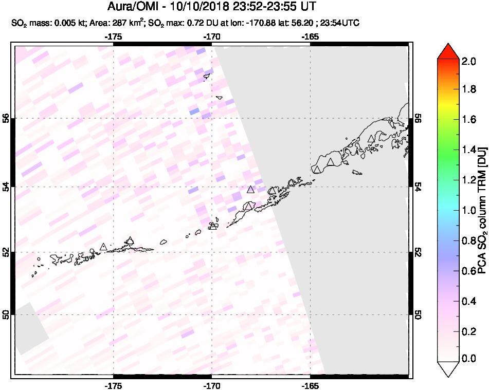 A sulfur dioxide image over Aleutian Islands, Alaska, USA on Oct 10, 2018.