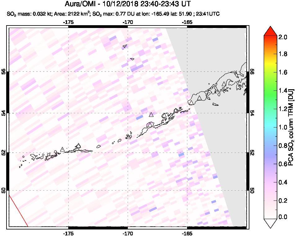 A sulfur dioxide image over Aleutian Islands, Alaska, USA on Oct 12, 2018.