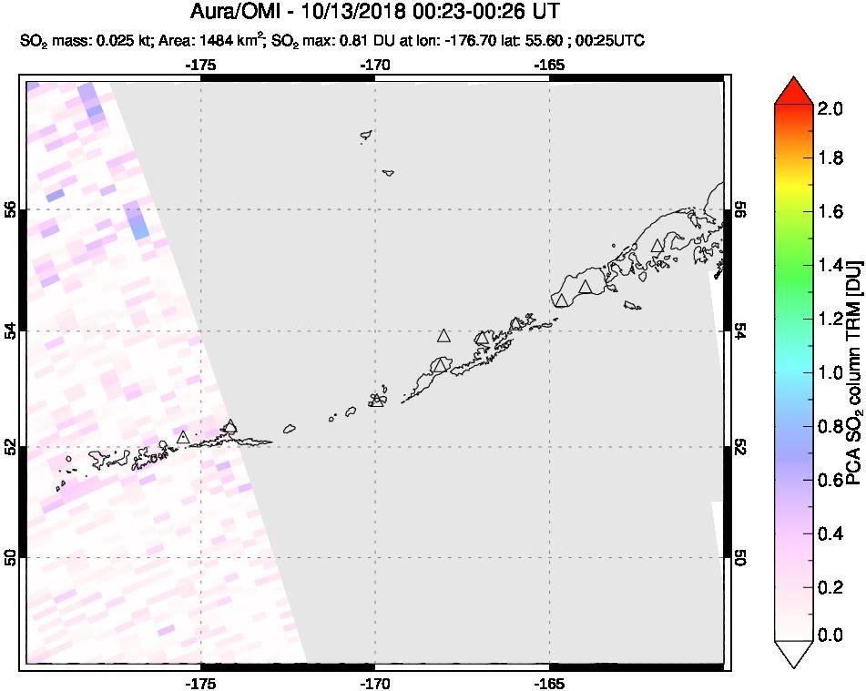 A sulfur dioxide image over Aleutian Islands, Alaska, USA on Oct 13, 2018.