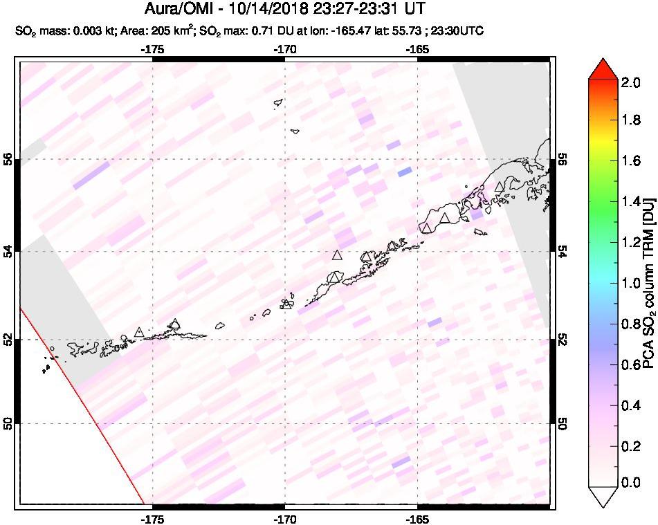 A sulfur dioxide image over Aleutian Islands, Alaska, USA on Oct 14, 2018.