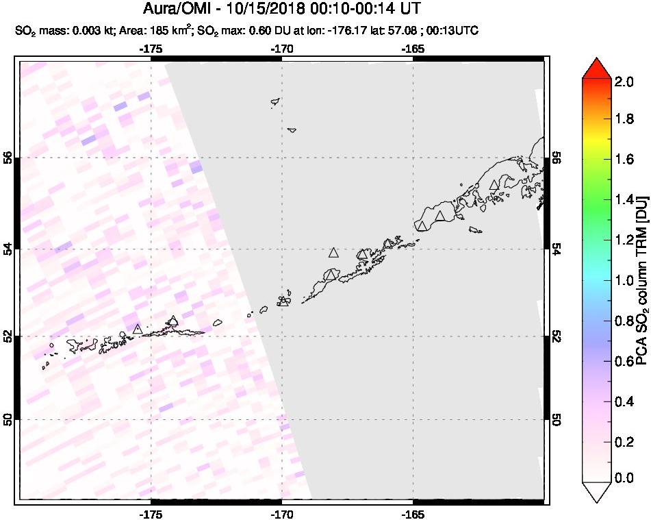 A sulfur dioxide image over Aleutian Islands, Alaska, USA on Oct 15, 2018.