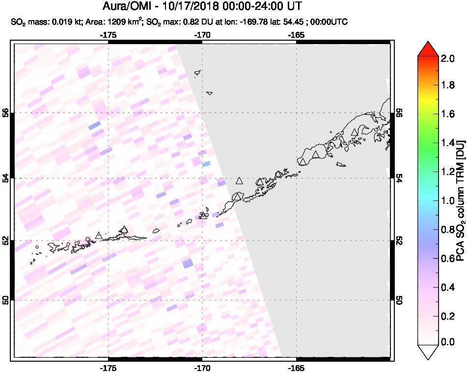A sulfur dioxide image over Aleutian Islands, Alaska, USA on Oct 17, 2018.