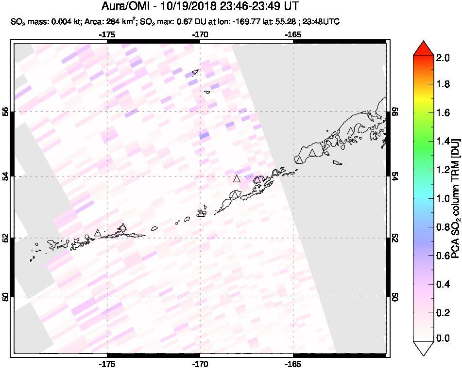 A sulfur dioxide image over Aleutian Islands, Alaska, USA on Oct 19, 2018.
