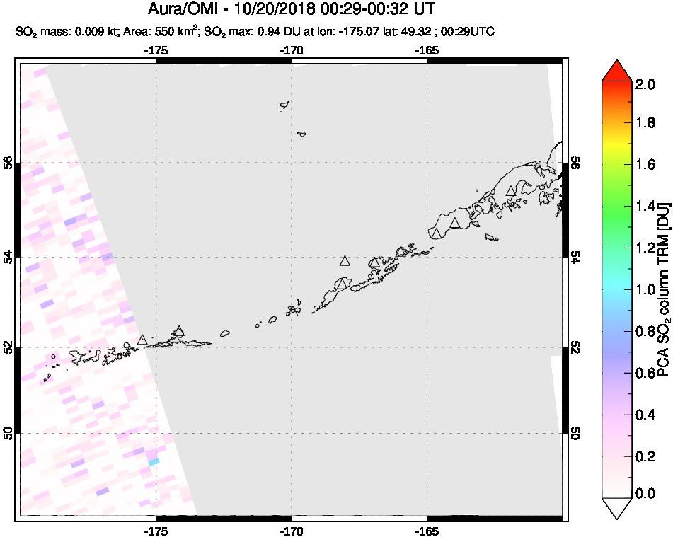 A sulfur dioxide image over Aleutian Islands, Alaska, USA on Oct 20, 2018.
