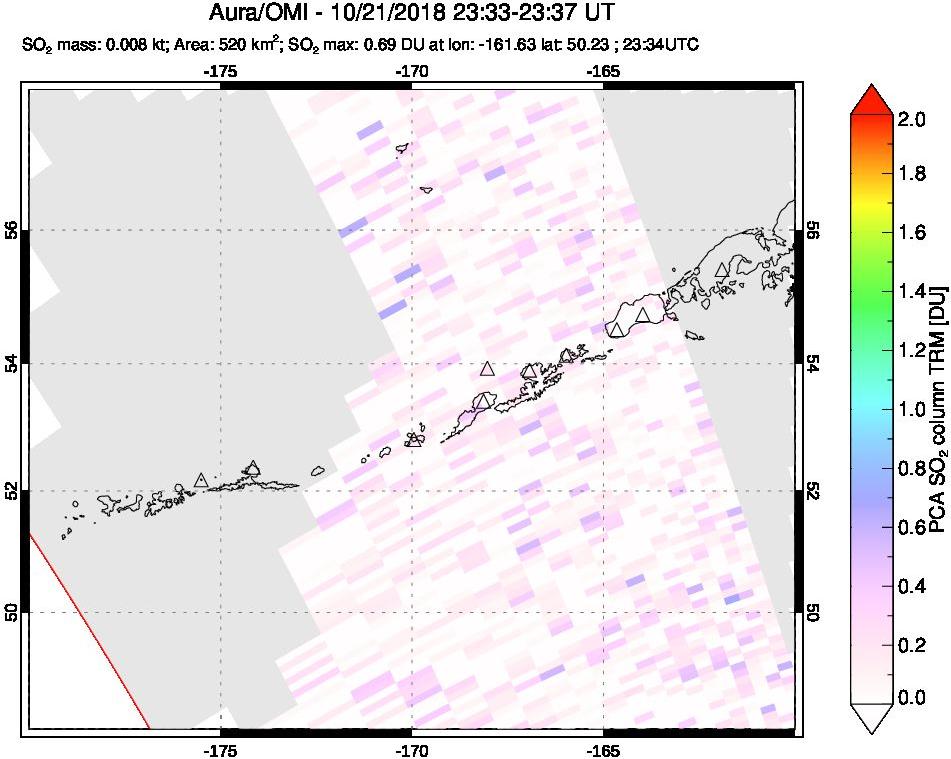 A sulfur dioxide image over Aleutian Islands, Alaska, USA on Oct 21, 2018.