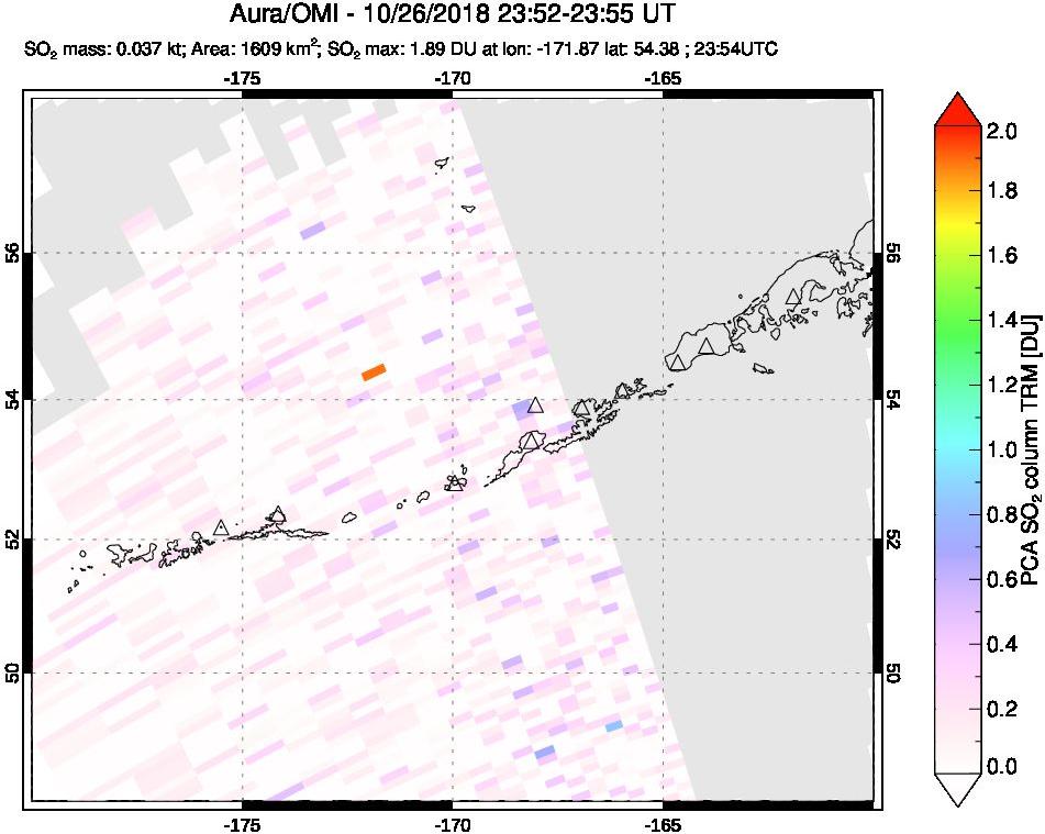 A sulfur dioxide image over Aleutian Islands, Alaska, USA on Oct 26, 2018.