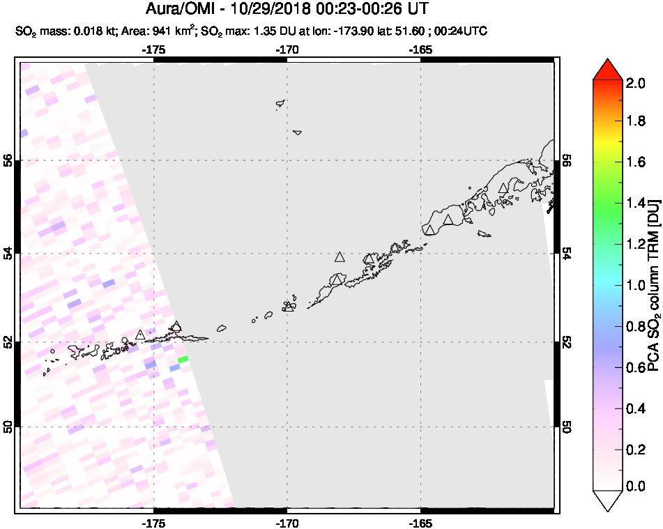 A sulfur dioxide image over Aleutian Islands, Alaska, USA on Oct 29, 2018.