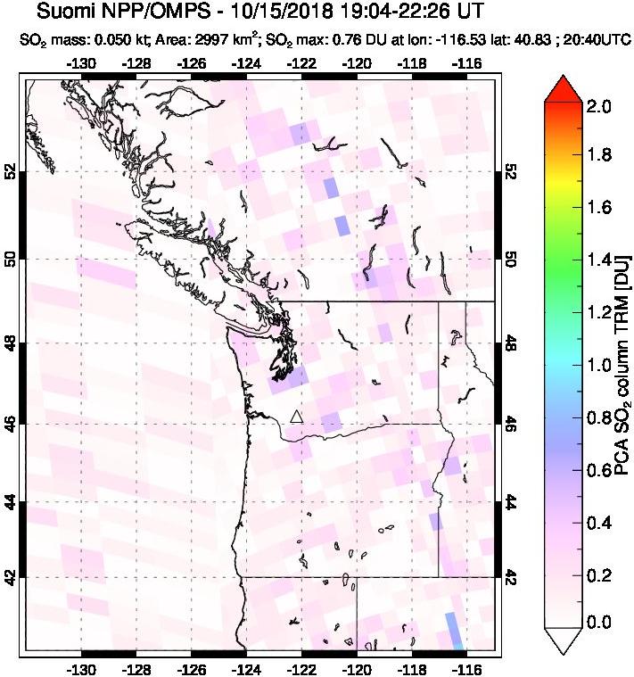 A sulfur dioxide image over Cascade Range, USA on Oct 15, 2018.