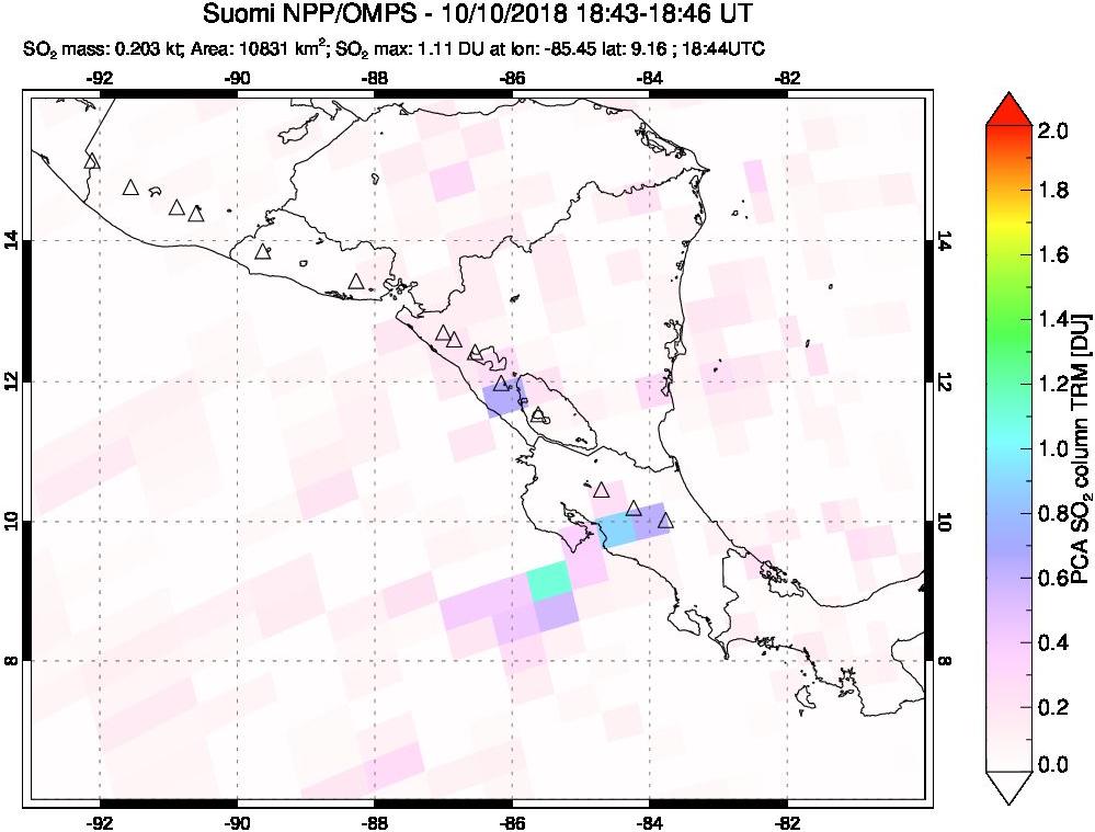 A sulfur dioxide image over Central America on Oct 10, 2018.