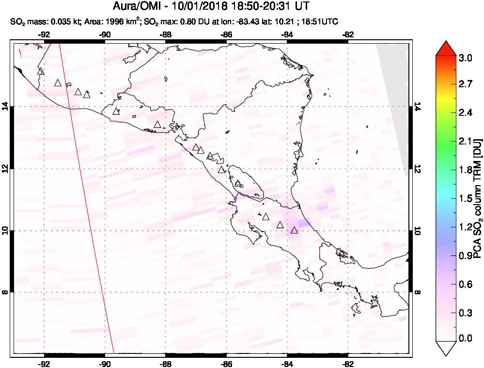 A sulfur dioxide image over Central America on Oct 01, 2018.