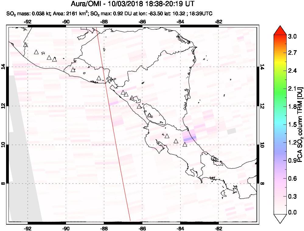 A sulfur dioxide image over Central America on Oct 03, 2018.