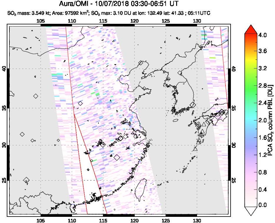 A sulfur dioxide image over Eastern China on Oct 07, 2018.