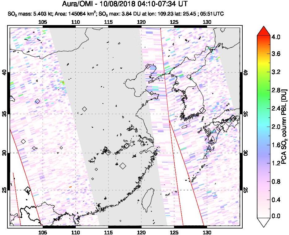 A sulfur dioxide image over Eastern China on Oct 08, 2018.